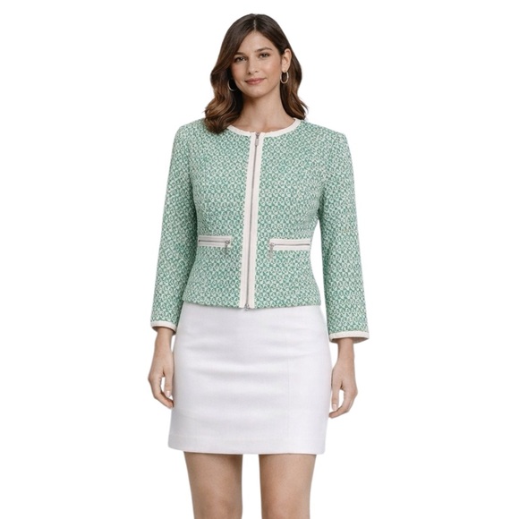 Cabi Green & White Collarless Tweed Single Breasted Blazer